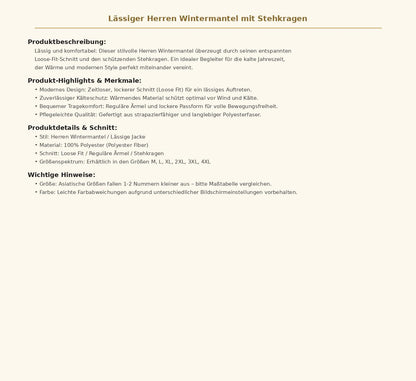 Lässiger Herren Wintermantel mit Stehkragen – Warme Gefütterte Jacke für Freizeit und Outdoor