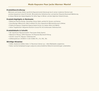 Mode Kapuzen Paar Jacke Warmer Mantel – Sportliche Gefütterte Winterjacke für Freizeit und Outdoor