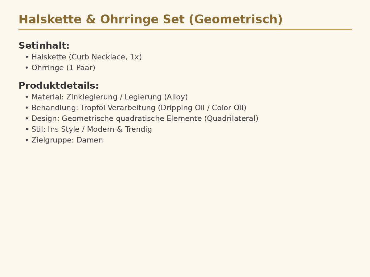 Modernes Damen Halskette & Ohrringe Set – Geometrisches Design, Tropföl-Finish