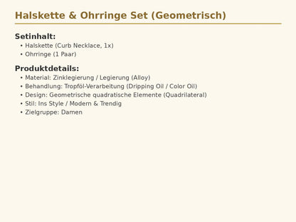 Modernes Damen Halskette & Ohrringe Set – Geometrisches Design, Tropföl-Finish