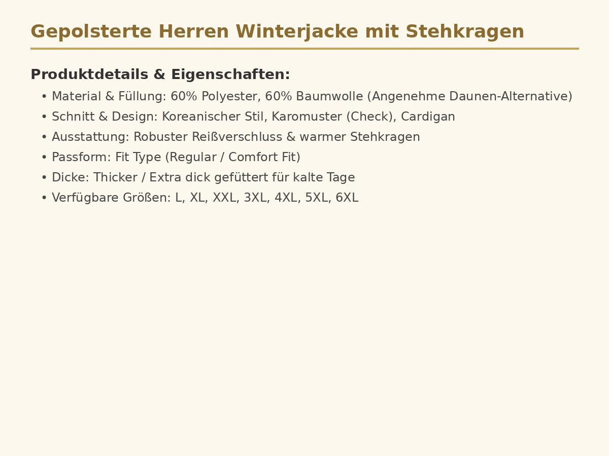 Gepolsterte Herren Winterjacke mit Stehkragen – Dick gefütterter Baumwoll-Mantel im Karo-Design