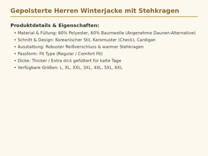 Gepolsterte Herren Winterjacke mit Stehkragen – Dick gefütterter Baumwoll-Mantel im Karo-Design