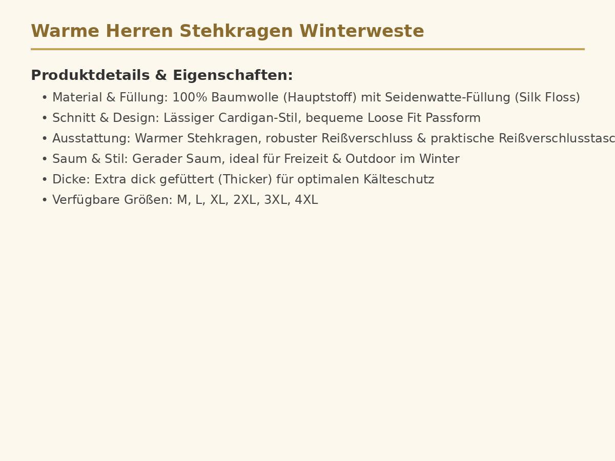 Warme Herren Stehkragen Winterweste – Gefütterte Outdoor-Weste mit Reißverschlusstaschen