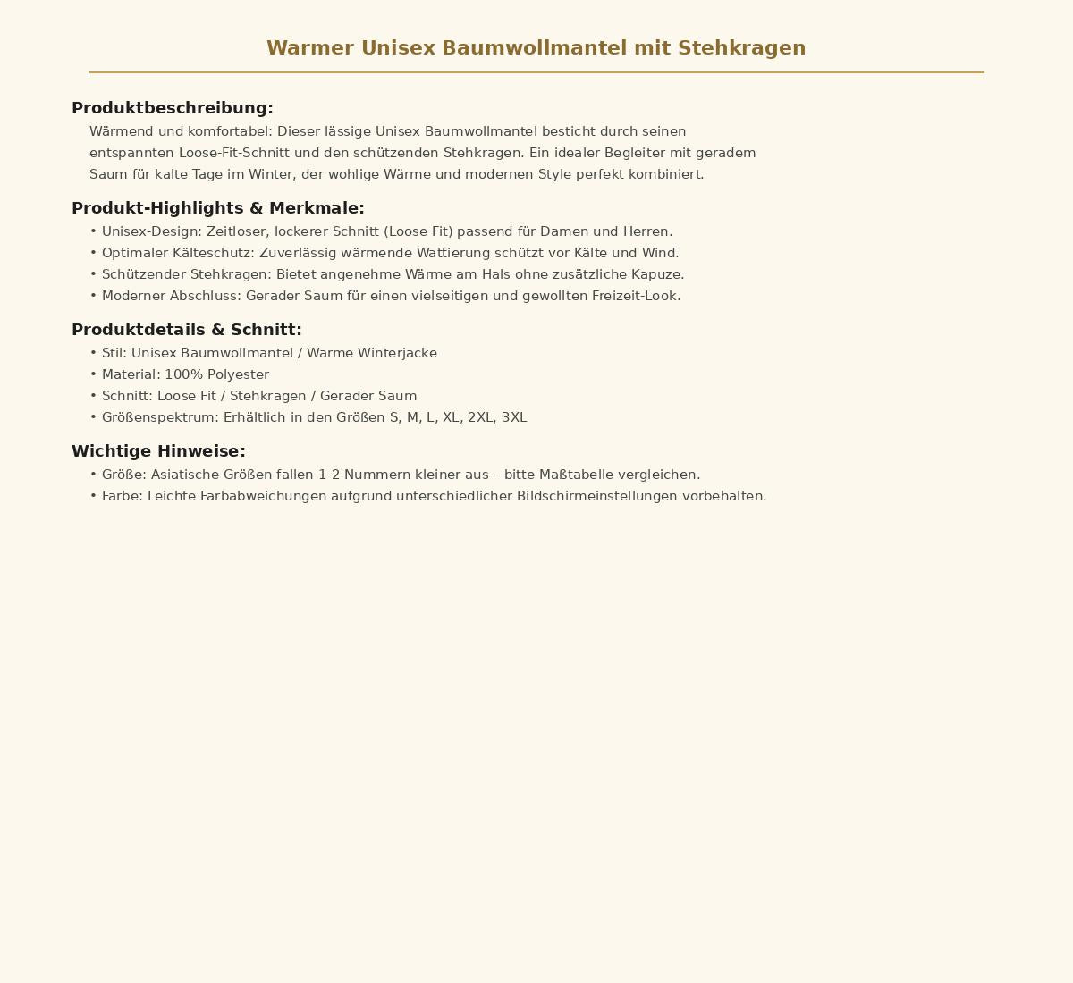 Warmer Unisex Baumwollmantel mit Stehkragen – Lässige Gefütterte Winterjacke für Freizeit und Outdoor