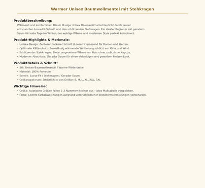 Warmer Unisex Baumwollmantel mit Stehkragen – Lässige Gefütterte Winterjacke für Freizeit und Outdoor