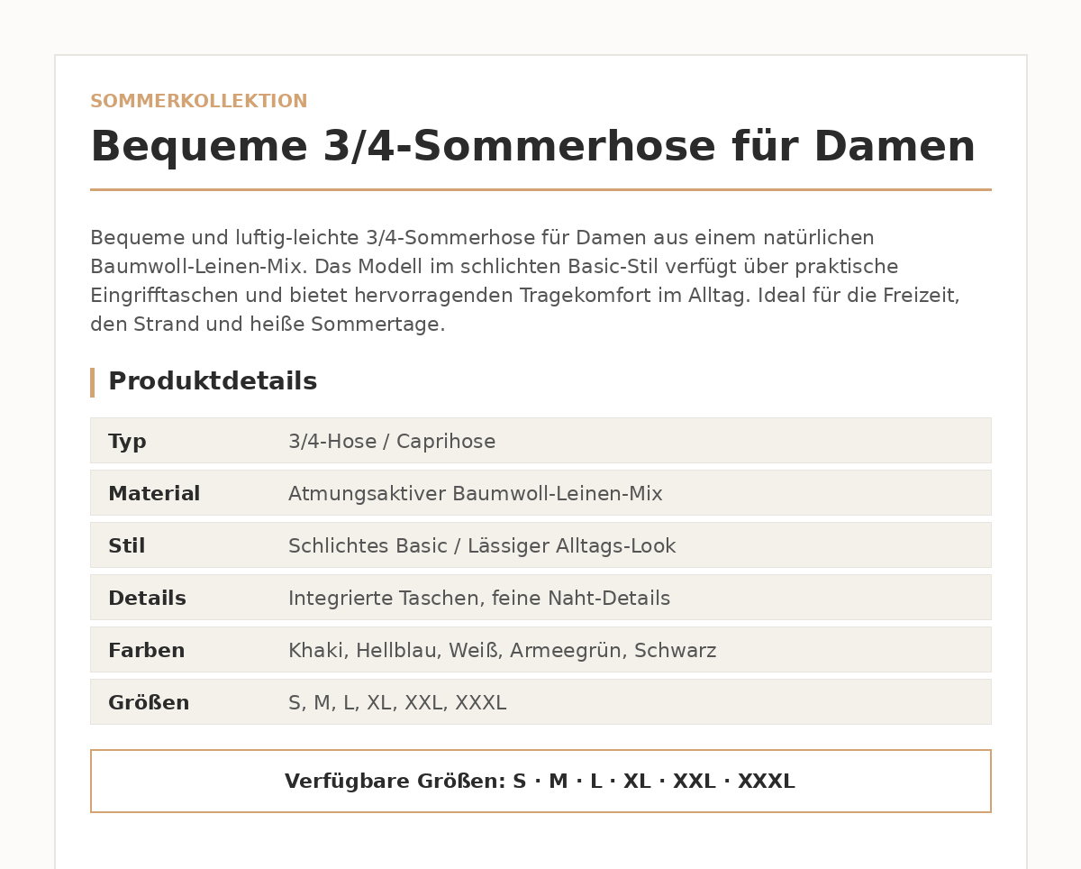 Damen Baumwoll-Leinen 3/4-Hose – Luftige Sommer-Capri