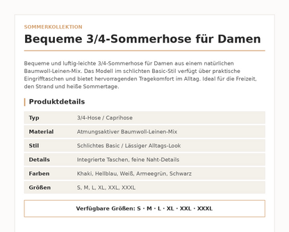 Damen Baumwoll-Leinen 3/4-Hose – Luftige Sommer-Capri