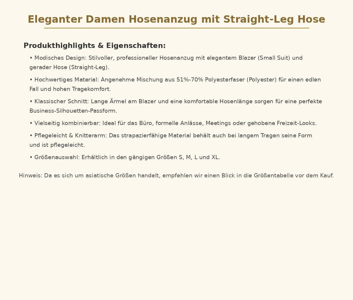 Eleganter Damen Hosenanzug mit Straight-Leg Hose – Stilvolles Business-Set mit Blazer