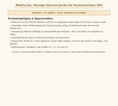 Herren Jacke Slim Fit – Modischer Blazer, lässige Business & Freizeit Übergangsjacke für Frühling und Herbst