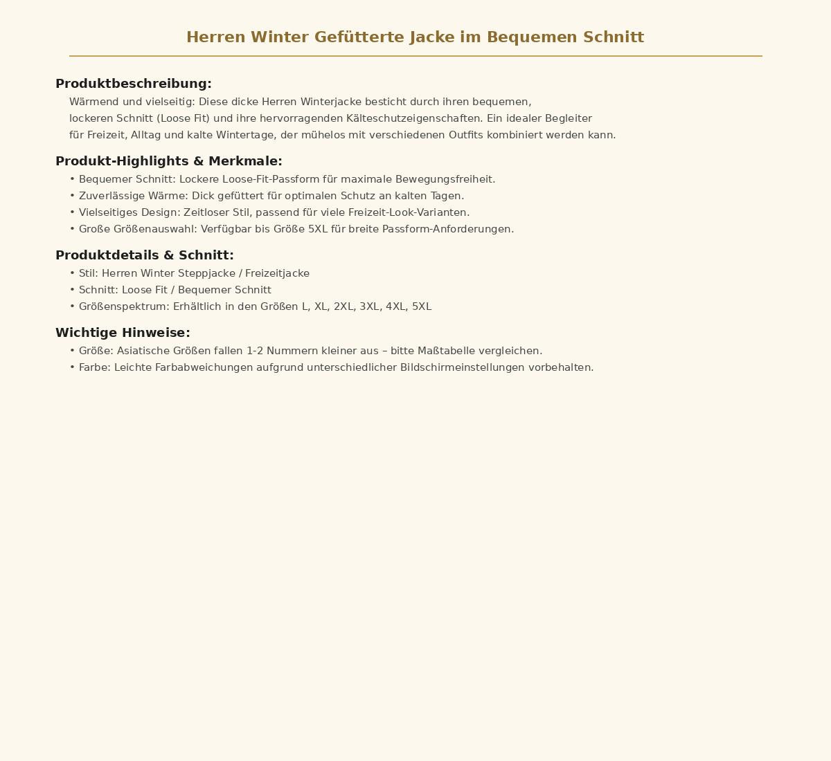 Herren Winter Gefütterte Jacke im Bequemen Schnitt – Warme Freizeitjacke für Outdoor und Alltag