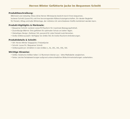 Herren Winter Gefütterte Jacke im Bequemen Schnitt – Warme Freizeitjacke für Outdoor und Alltag