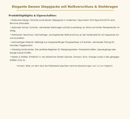 Elegante Damen Steppjacke mit Reißverschluss & Stehkragen – Kurze Jacke für Freizeit & Alltag