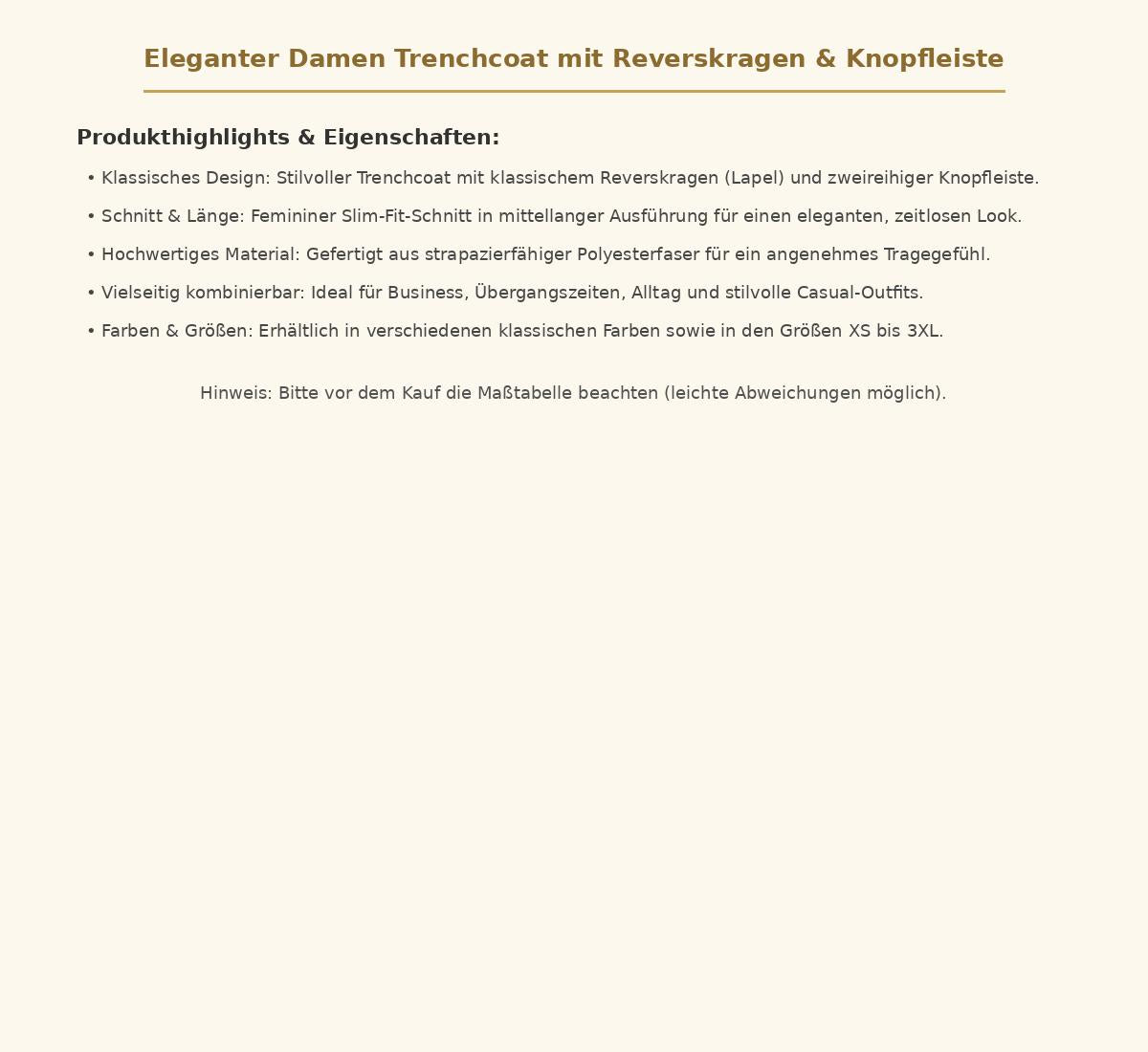 Eleganter Damen Trenchcoat mit Reverskragen & Knopfleiste – Mittellanger Vintage Mantel