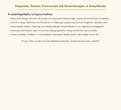 Eleganter Damen Trenchcoat mit Reverskragen & Knopfleiste – Mittellanger Vintage Mantel
