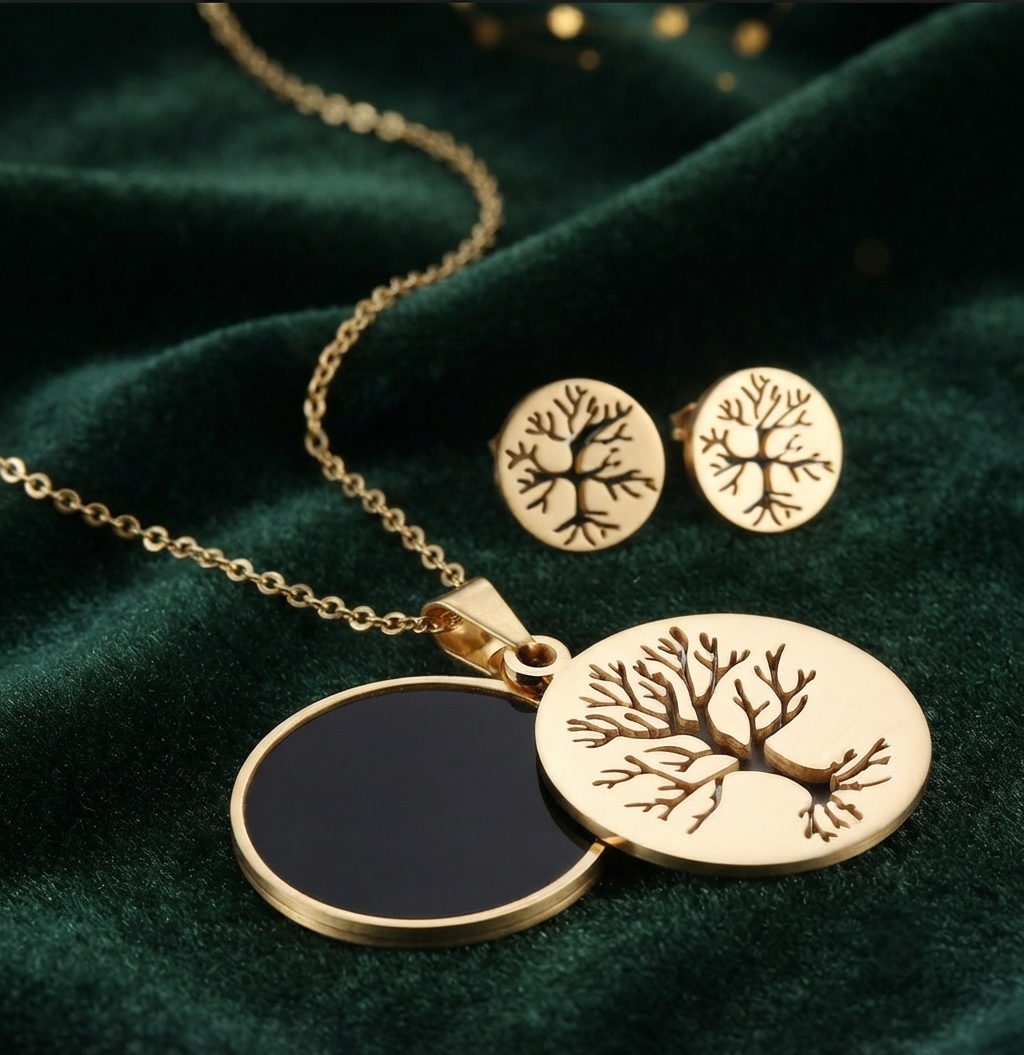 Damen Schmuck-Set Titanstahl Baum des Lebens Kette Ohrringe