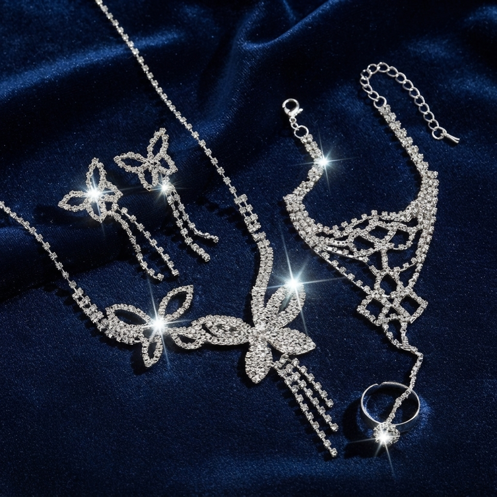 Damen Schmuck-Set Schmetterling Strass Kette Ohrringe Hand-Accessoire