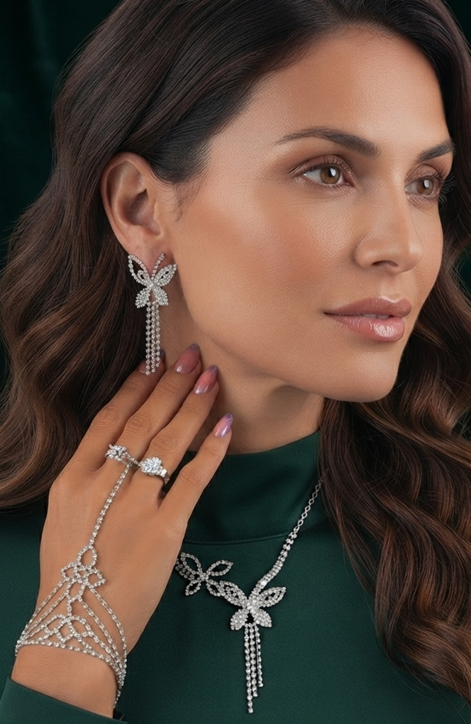 Damen Schmuck-Set Schmetterling Strass Kette Ohrringe Hand-Accessoire