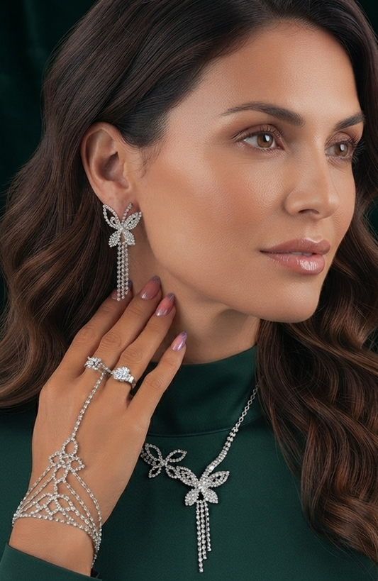 Damen Schmuck-Set Schmetterling Strass Kette Ohrringe Hand-Accessoire