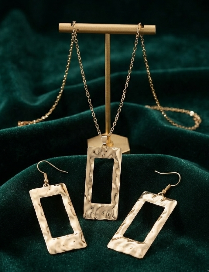 Damen Goldfarbenes Schmuck-Set Geometrisch Hämmerte Rechteck Kette Ohrringe