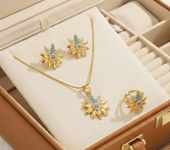 Damen Schmuck-Set Sonnenblume Kette Ohrringe Ring
