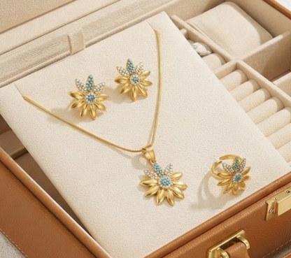 Damen Schmuck-Set Sonnenblume Kette Ohrringe Ring