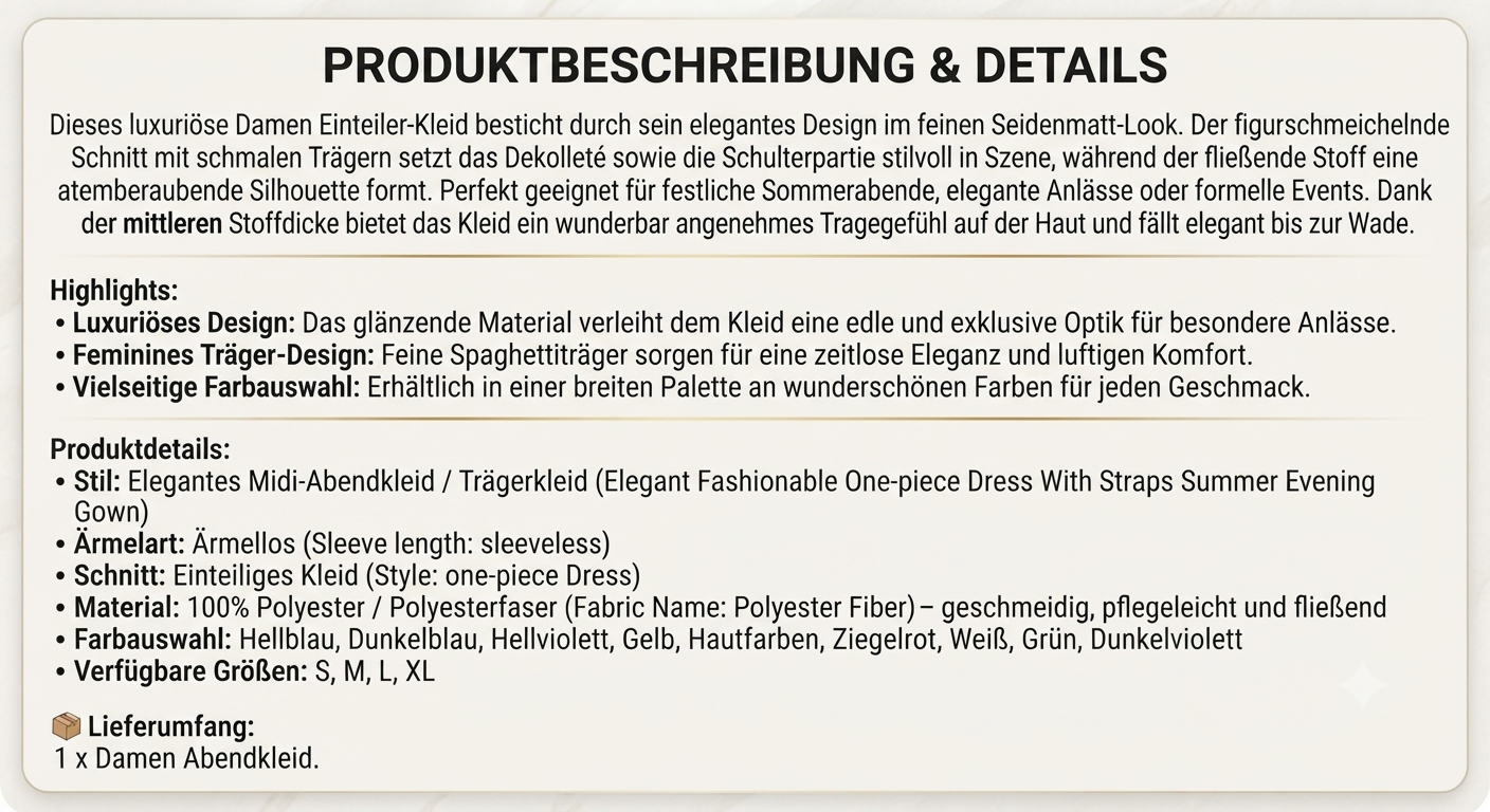 Elegantes Damen Seidenmatt Midi-Kleid – Luxuriöses Sommer Abendkleid mit Trägern