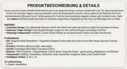 Elegantes Damen Seidenmatt Midi-Kleid – Luxuriöses Sommer Abendkleid mit Trägern