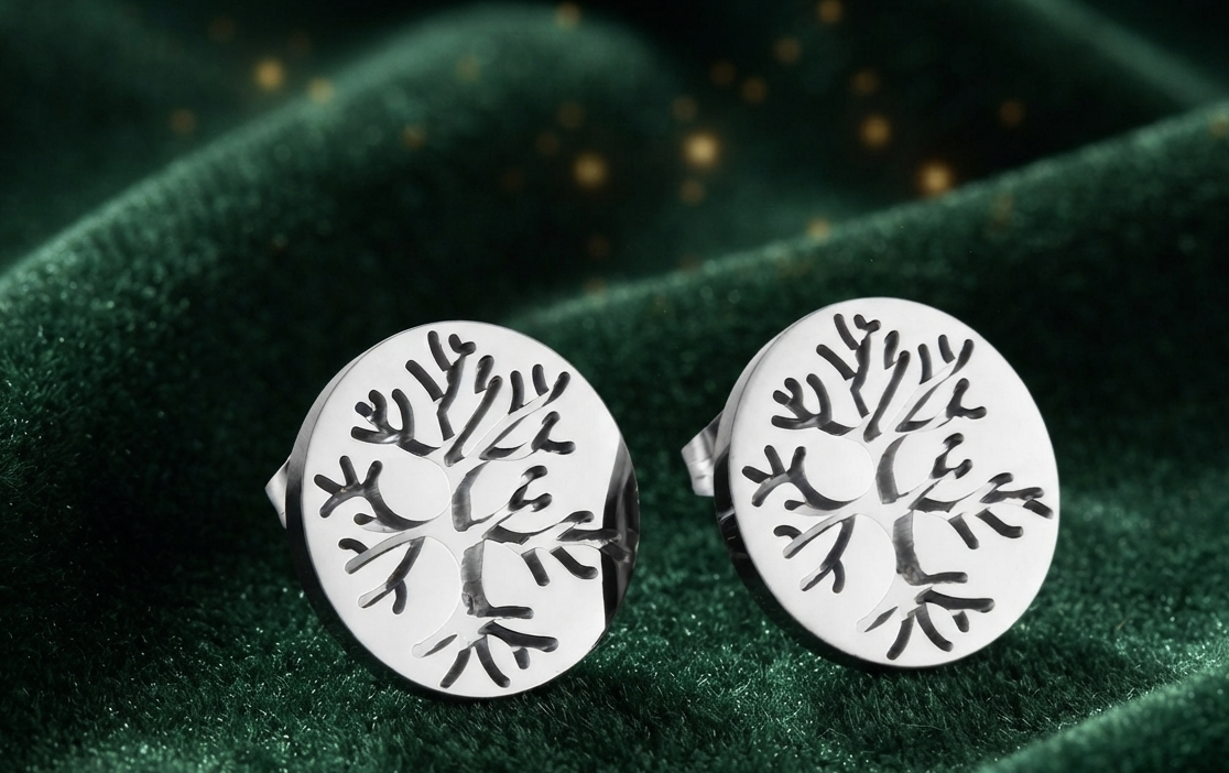 Damen Schmuck-Set Titanstahl Baum des Lebens Kette Ohrringe