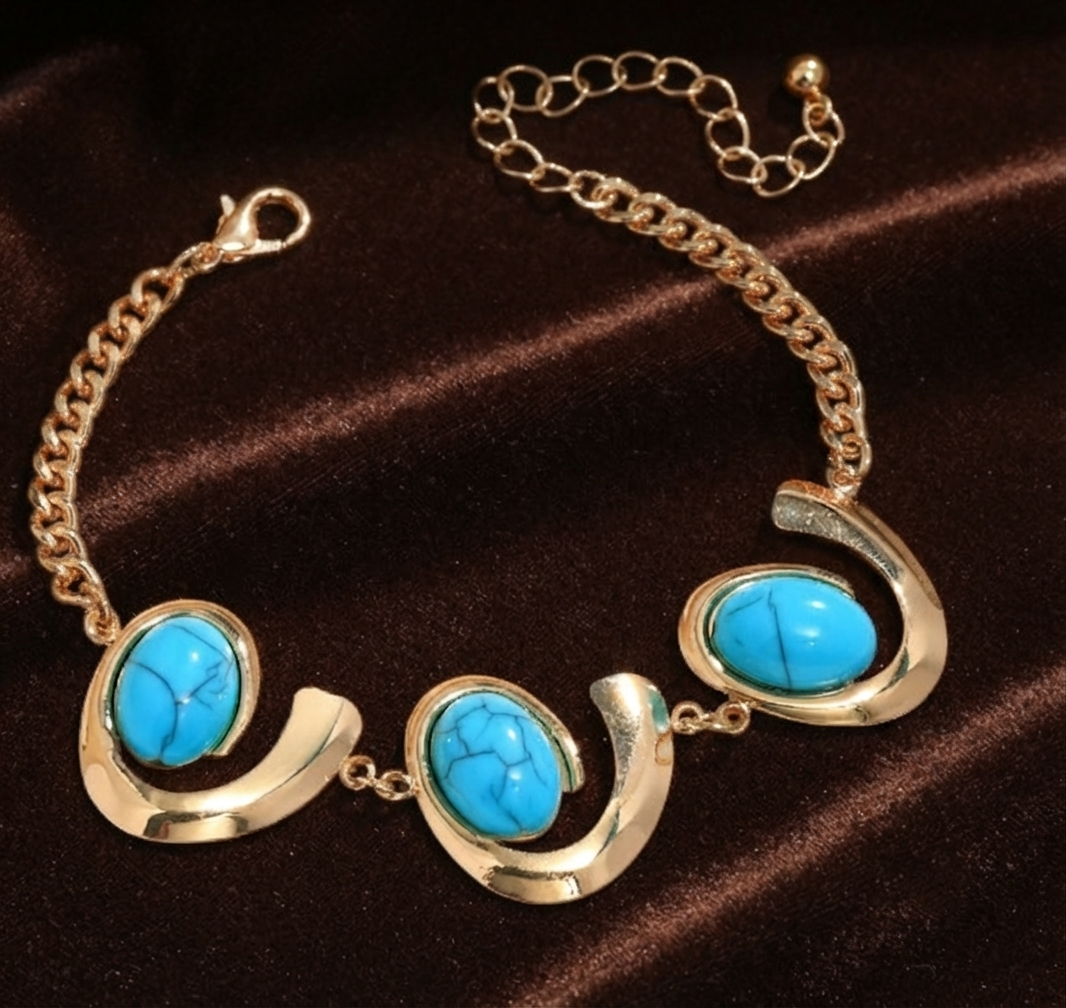 Damen Türkis Schmuck-Set Spiral Design Kette Armband Ring Ohrringe