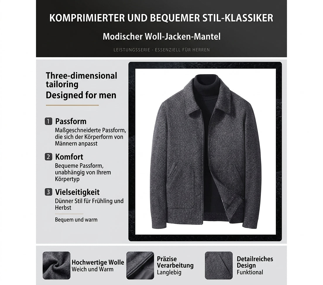 Herren Mode Langarm Wollmantel Übergangsjacke – Klassischer Kurzmantel für Alltag, Büro und Freizeit