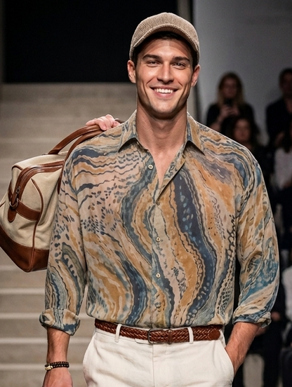 Herren Transparentes Hemd Marmor-Muster Langarm Casual Sommerhemd