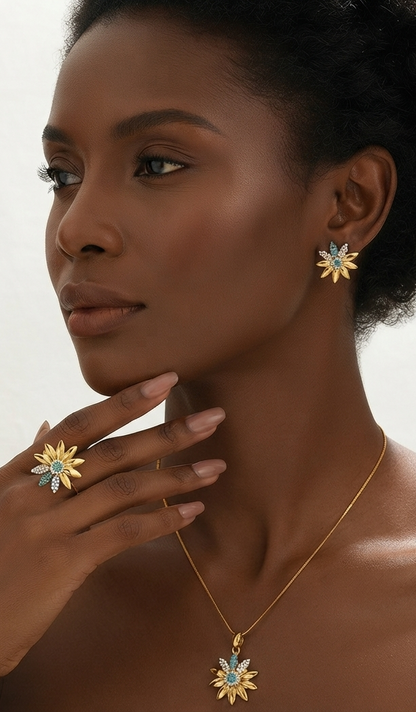Damen Schmuck-Set Sonnenblume Kette Ohrringe Ring