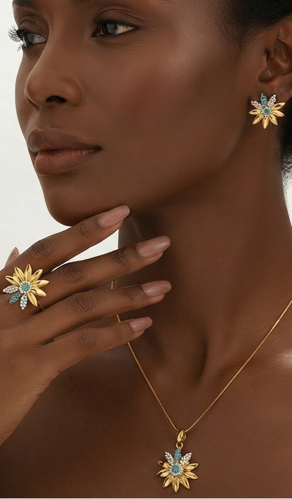 Damen Schmuck-Set Sonnenblume Kette Ohrringe Ring