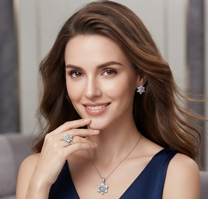 Damen Sunflower Halskette Ring Ohrringe Set Blumen Strass Zirkonia Schmuck