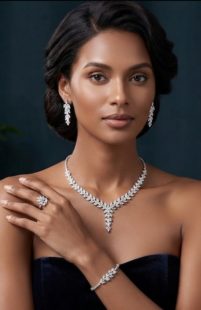 Damen Zirkon Silber Schmuck-Set Kette Ohrringe Ring Geschenkbox