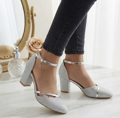 Damen Elegante Pumps Blockabsatz High Heels Party Schuhe mit Schnalle