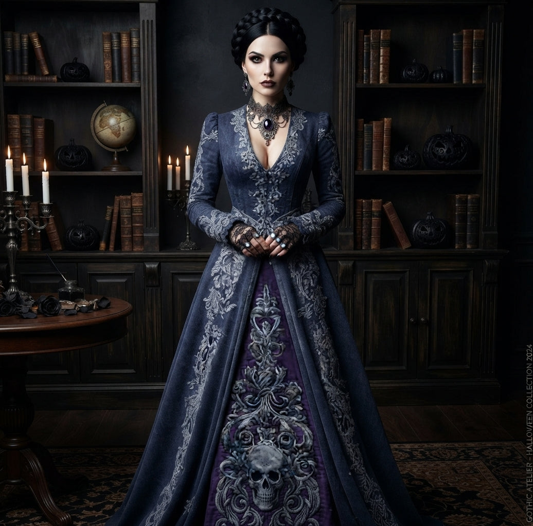 Damen Gothic Hexenkleid Maxikleid im Retro Stil Extravagantes Kostüm in verschiedenen Varianten mit Rüschenärmeln und 3D Muster Größen S bis 5XL