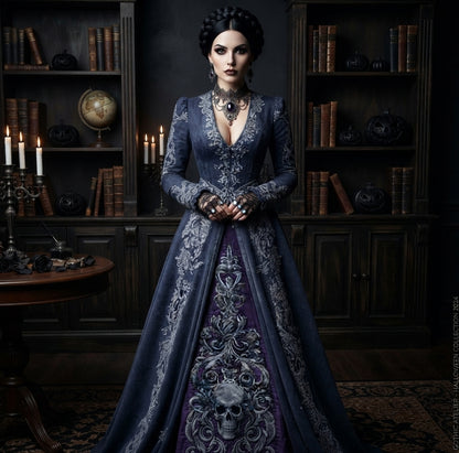 Damen Gothic Hexenkleid Maxikleid im Retro Stil Extravagantes Kostüm in verschiedenen Varianten mit Rüschenärmeln und 3D Muster Größen S bis 5XL