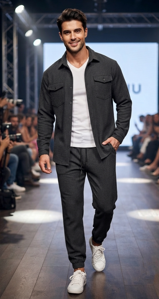 Herren Freizeit-Set Langarmhemd mit Brusttaschen & Hose Zweiteiler Casual