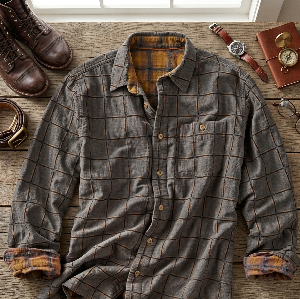 Herren Vintage Flanellhemd Kariert Langarm Freizeit-Hemd Loose-Fit