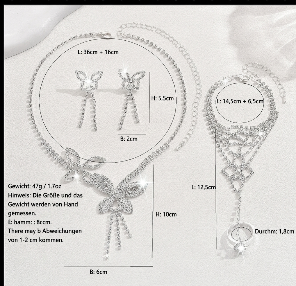 Damen Schmuck-Set Schmetterling Strass Kette Ohrringe Hand-Accessoire