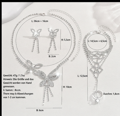 Damen Schmuck-Set Schmetterling Strass Kette Ohrringe Hand-Accessoire