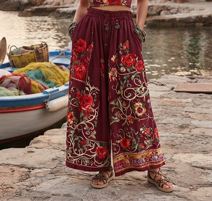 Damen Boho Hosen Weites Bein Lose Sommer Hose Ethno Stil Freizeithose S-5XL