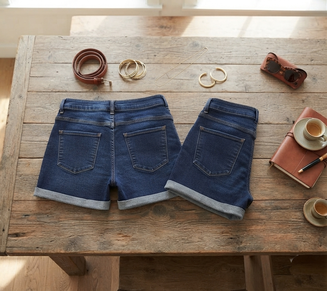 Damen Jeans Shorts - High-Waist Denim mit Krempelsaum &amp; geradem Schnitt