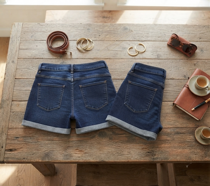 Damen Jeans Shorts - High-Waist Denim mit Krempelsaum &amp; geradem Schnitt