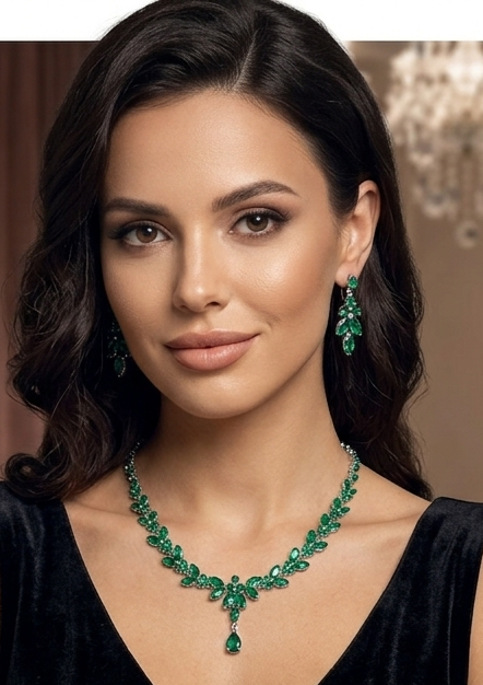 Elegantes Schmuck Set Halskette Ohrringe Zirkon Grün Silber Zweiteiler Party