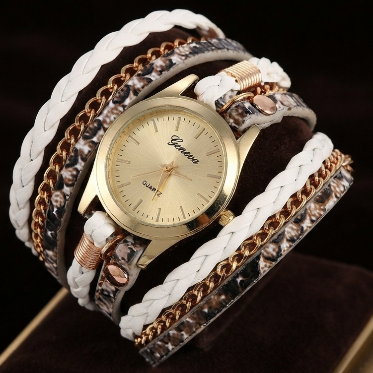 Ladies Wrap Watch Fashion Leopard Weave Bracelet Watch