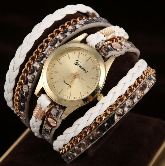 Ladies Wrap Watch Fashion Leopard Weave Bracelet Watch