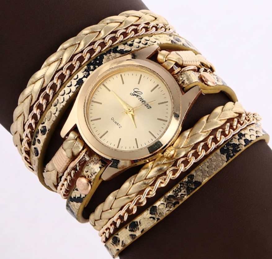 Ladies Wrap Watch Fashion Leopard Weave Bracelet Watch