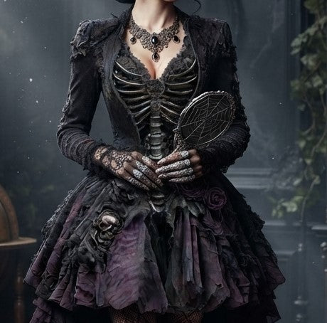 Damen Gothic Hexenkleid Maxikleid im Retro Stil Extravagantes Kostüm in verschiedenen Varianten mit Rüschenärmeln und 3D Muster Größen S bis 5XL